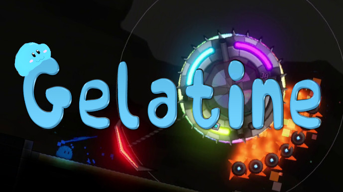 Gelatine title art.

Gelatine logo, consisting of word "Gelatine" with jelly-like, organically shaped letters and the protagonist slime hanging out on top of "G" while smiling and blushing.

In the background, the protagonist slime is fighting against a mechanical, circular boss.
